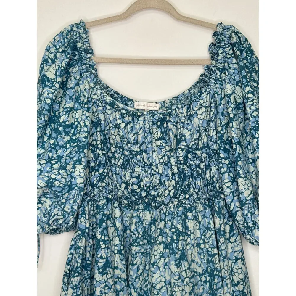 House of Harlow 1960 Blue Cotton Puff Sleeve cottagecore boho Mini Dress XL